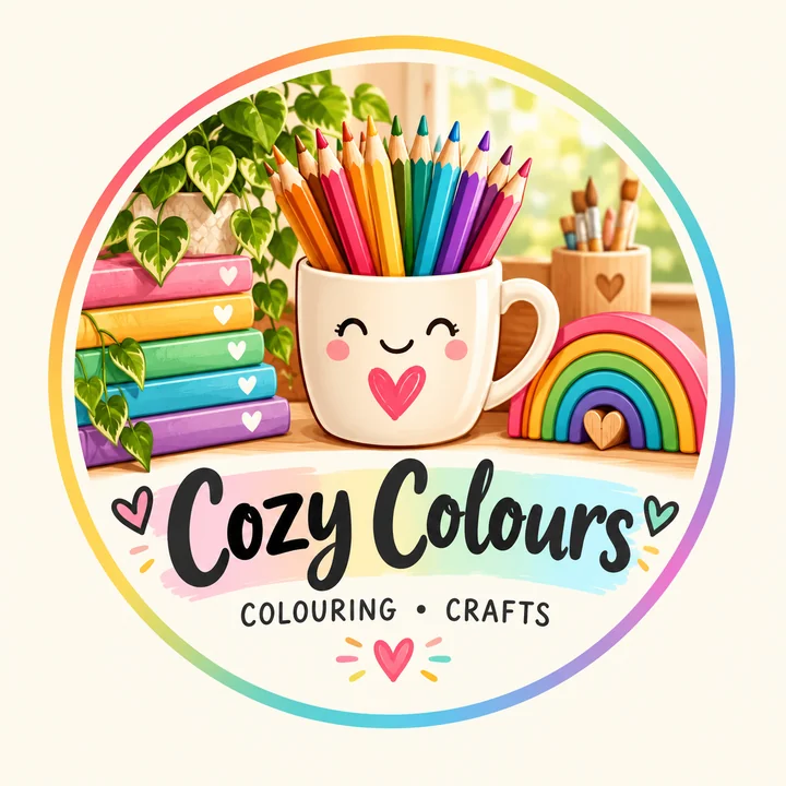 Cozy Colours logo: a smiling mug of colouring pencils beside a rainbow